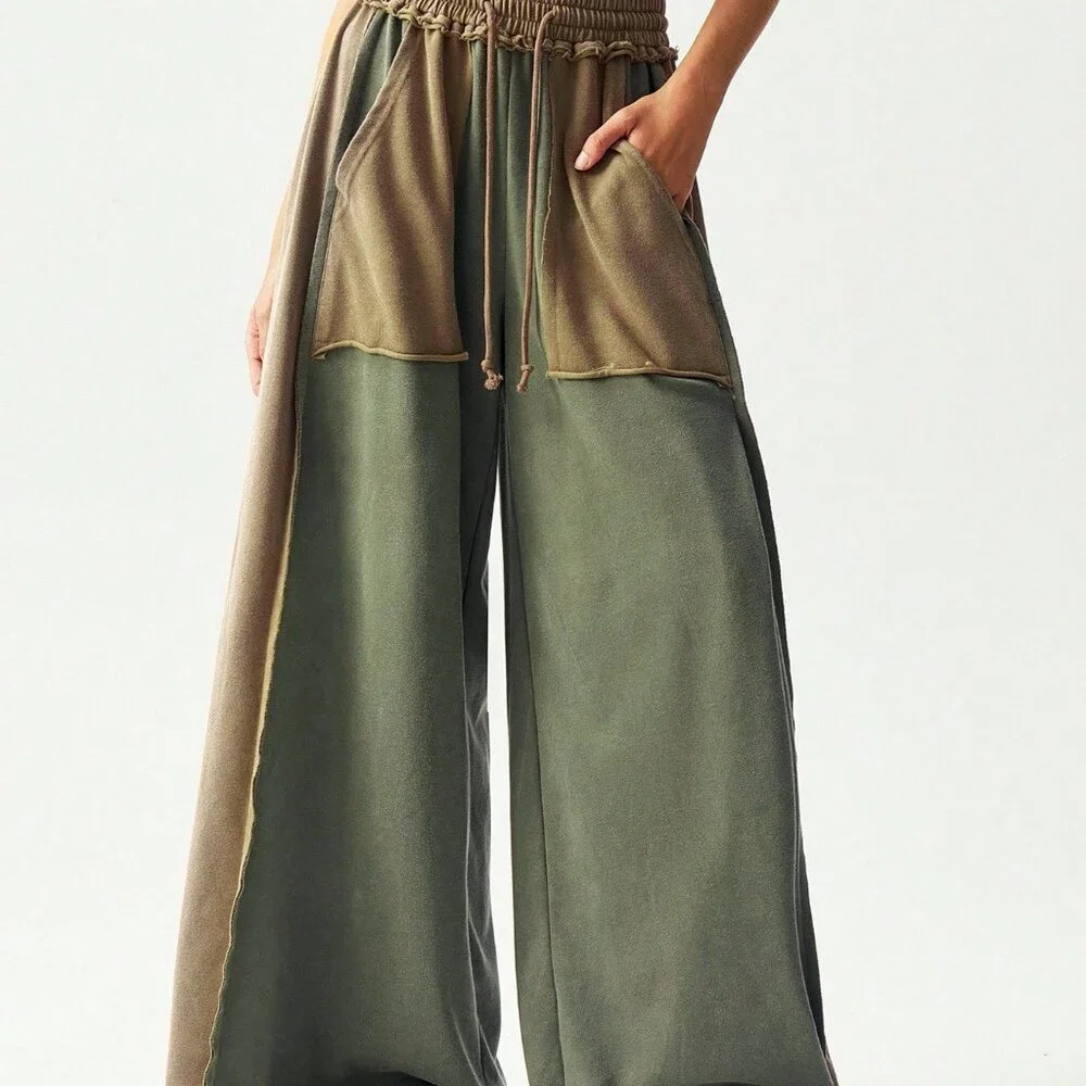 Multicolor Casual Women's Knit Patchwork Loose Wide Leg Washed Pants - Picture 5 of 7